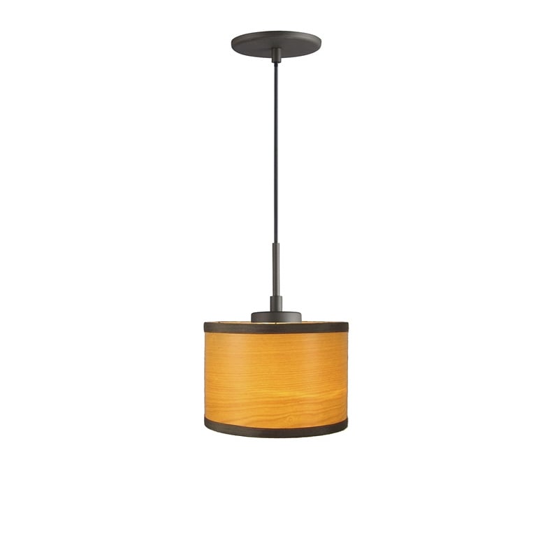 Woodbridge Lighting Drum 1-Light Wood Mini-Pendant in Bronze/Veneer Nougat