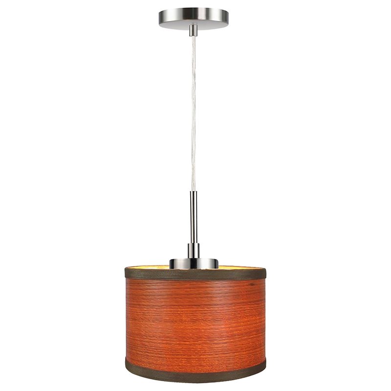 Woodbridge Lighting Drum 1-Light Wood Mini-Pendant in Satin Nickel/Veneer Brulee