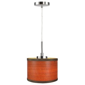 Woodbridge Lighting Drum 1-Light Wood Mini-Pendant in Satin Nickel/Veneer Brulee