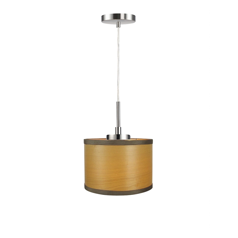 Woodbridge Lighting Drum 1-Light Wood Mini-Pendant in Satin Nickel/Veneer Nougat