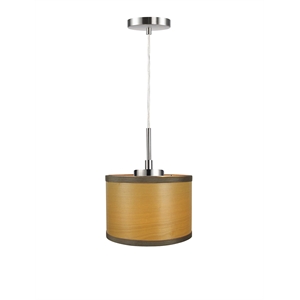 Woodbridge Lighting Drum 1-Light Wood Mini-Pendant in Satin Nickel/Veneer Nougat