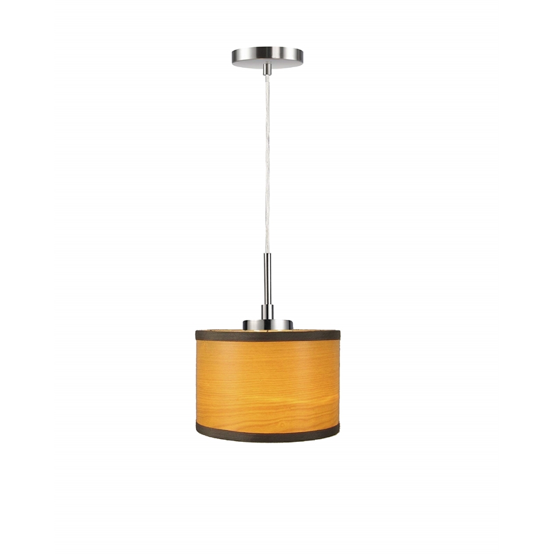 Woodbridge Lighting Drum 1-Light Wood Mini-Pendant in Satin Nickel/Veneer Nougat