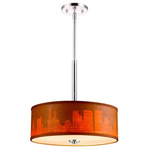 Woodbridge Lighting Drum 15&quot 3Lt Wood Pendant in Nickel/Veneer Brulee Cityscape