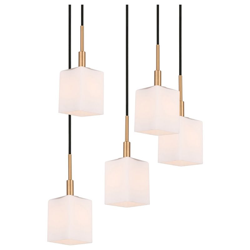 Woodbridge Lighting Langston 5-Light Glass Pendant in Brass/Bronze/Opal