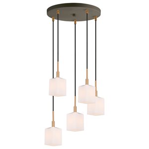 Woodbridge Lighting Langston 5-Light Glass Pendant in Brass/Bronze/Opal