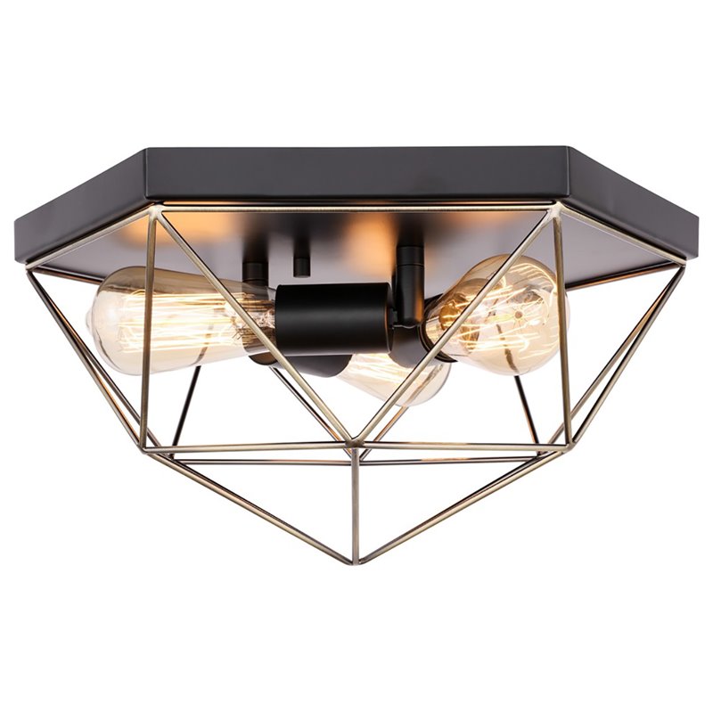 Woodbridge Lighting Lanning 3-Light Metal Flush-Mount in Antique Brass/Black