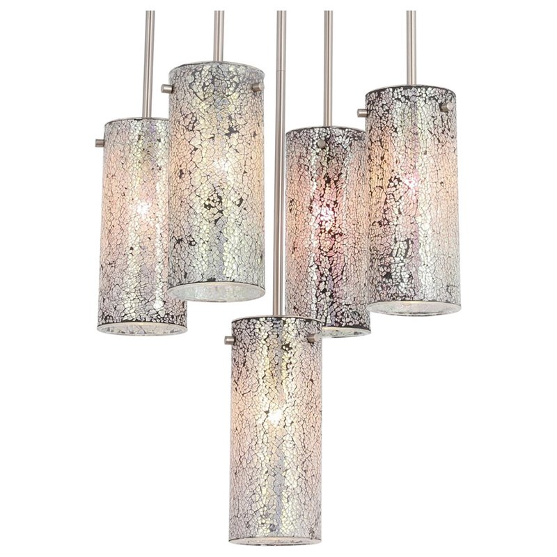 Woodbridge Lighting Pyramid 5-Light Glass Pendant in Satin Nickel/Iridescent