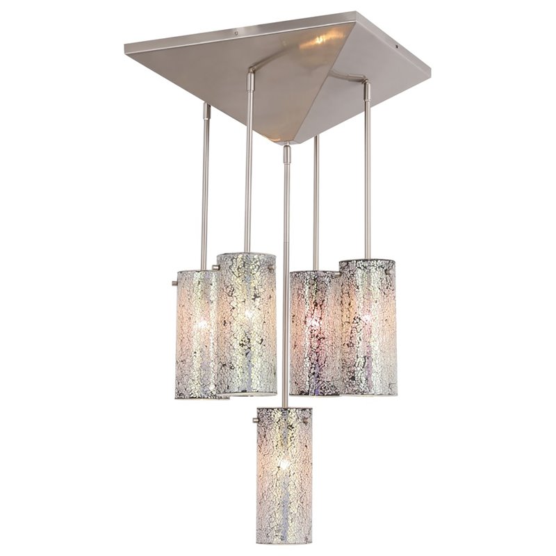 Woodbridge Lighting Pyramid 5-Light Glass Pendant in Satin Nickel/Iridescent