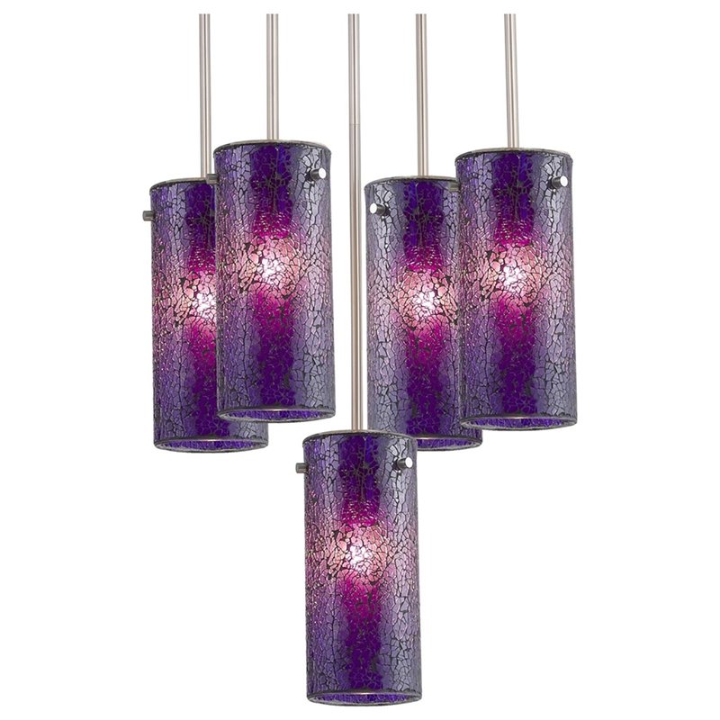 Woodbridge Lighting Pyramid 5-Light Glass Pendant in Satin Nickel/Purple