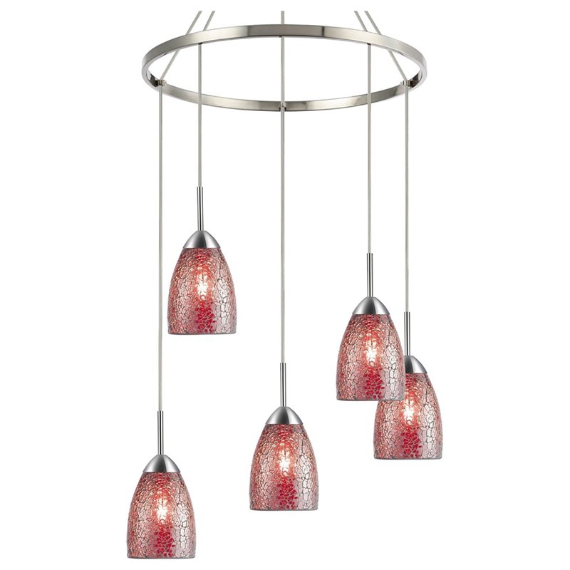 Woodbridge Lighting Venezia 5-Light Glass Chandelier in Nickel/Mosaic Red