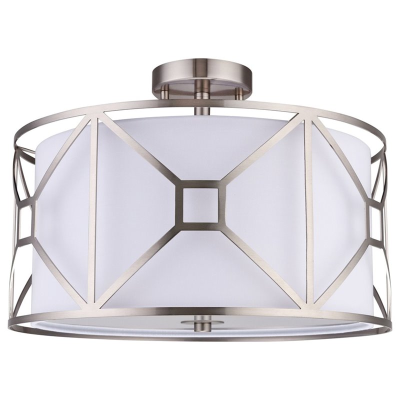 Woodbridge Lighting Regan Medium 3-Light Fabric Semi-Flush Mount in Satin Nickel