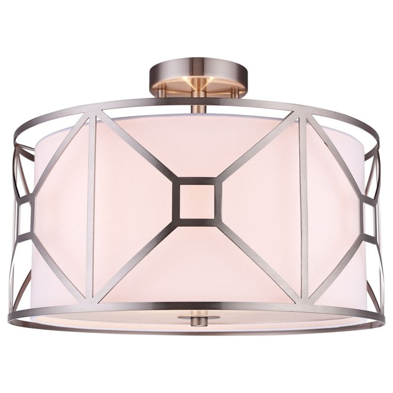 Woodbridge Lighting Regan Medium 3-Light Fabric Semi-Flush Mount in Satin Nickel