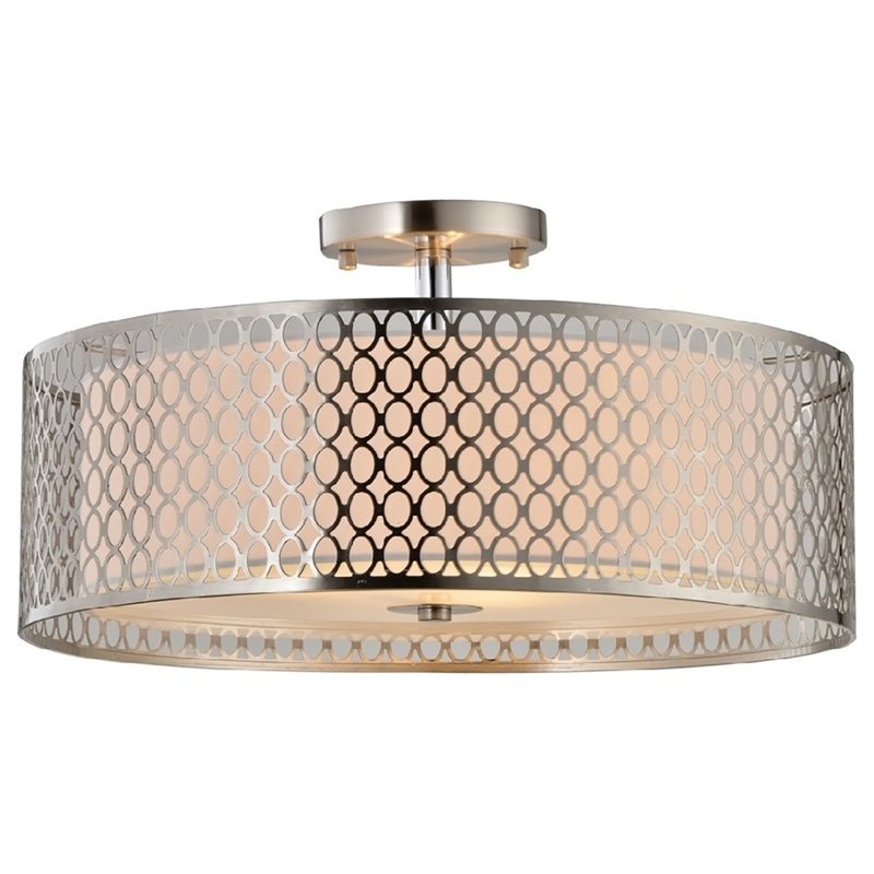 Woodbridge Lighting Spencer 3-Light Metal and Fabric Semi-Flush Mount in Nickel