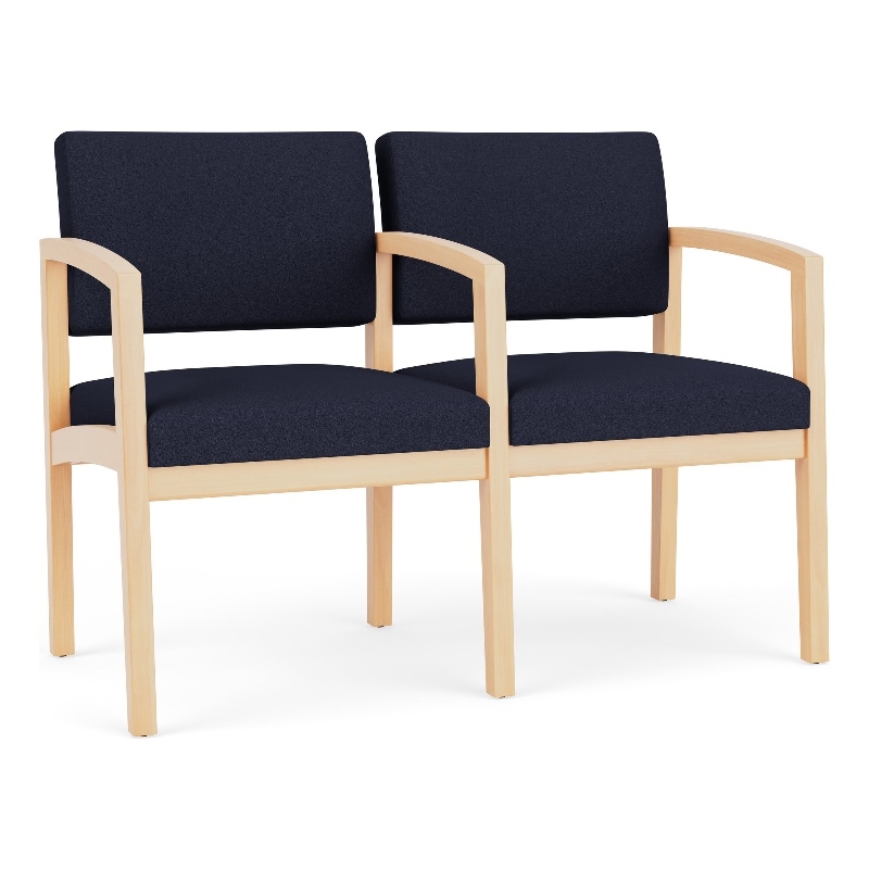 Lenox Wood Reception Waiting 2-Seat Tandem Seating / Natural Wood / Navy Blue