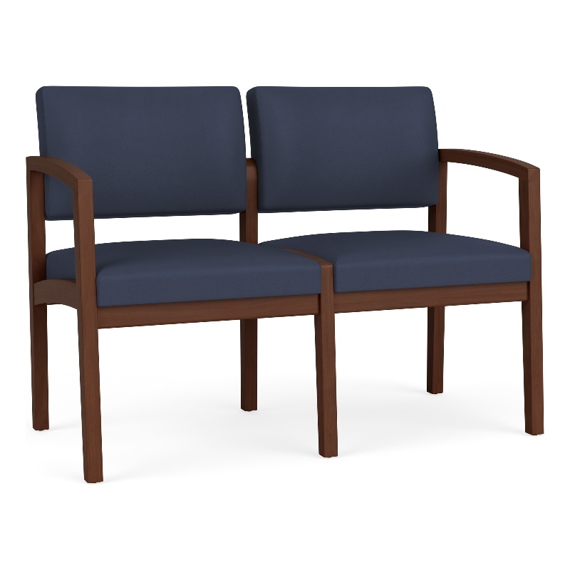 Lenox Wood Reception Waiting 2-Seat Tandem Seating / Walnut Wood / Blue