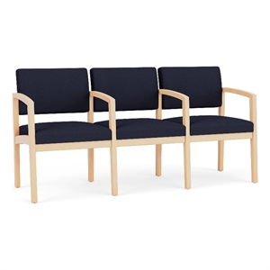 Lenox Wood Reception Waiting 3-Seat Tandem Seating / Natural Wood / Navy Blue
