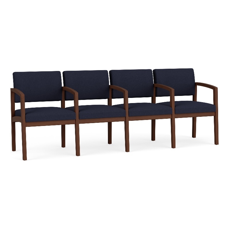 Lenox Wood Reception Waiting 4-Seat Tandem Seating / Walnut Wood / Navy Blue