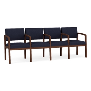 Lenox Wood Reception Waiting 4-Seat Tandem Seating / Walnut Wood / Navy Blue