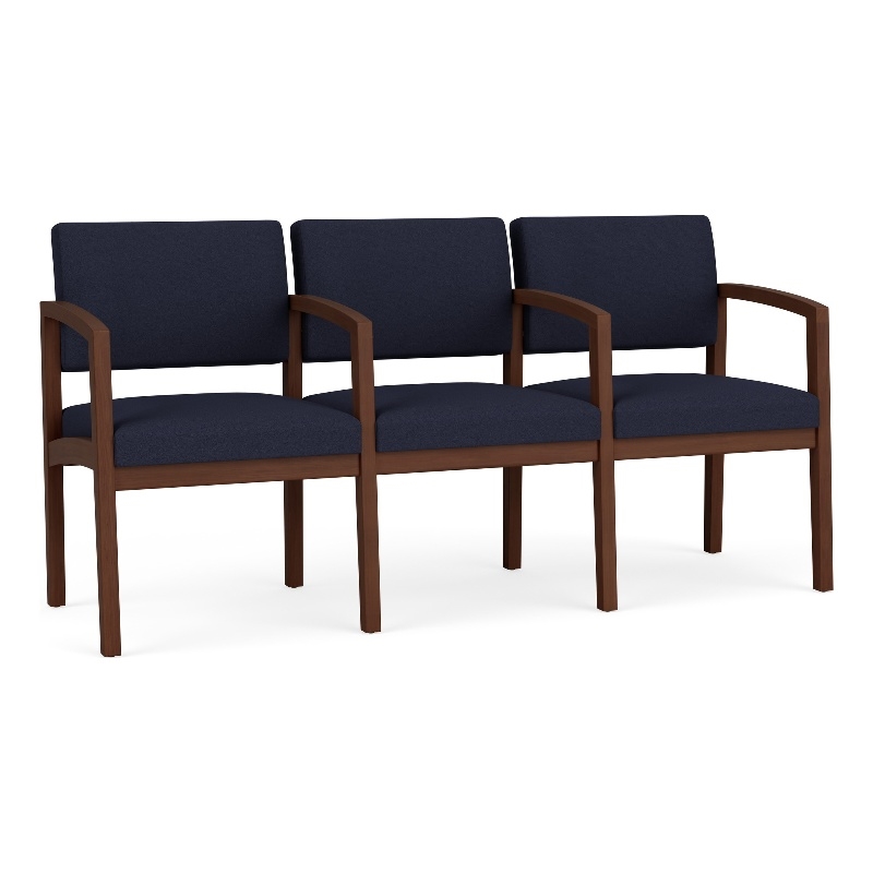Lenox Wood Reception Waiting 3-Seat Tandem Seating / Walnut Wood / Navy Blue