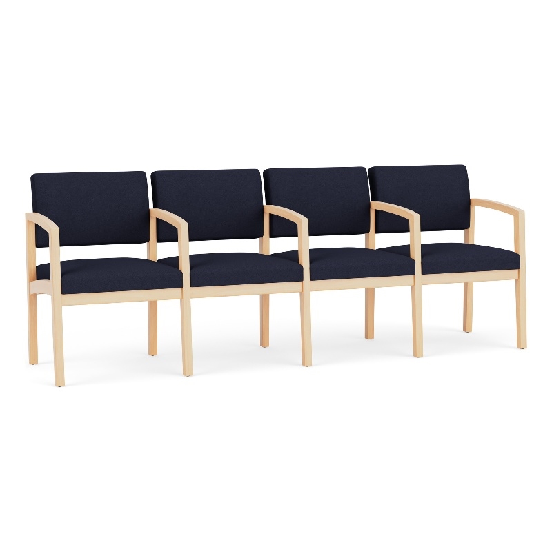 Lenox Wood Reception Waiting 4-Seat Tandem Seating / Natural Wood / Navy Blue