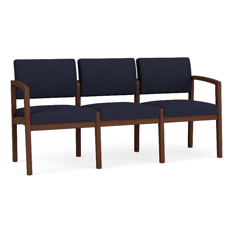 Lenox Wood Reception Waiting 3-Seat Tandem Seating / Walnut Wood / Navy Blue