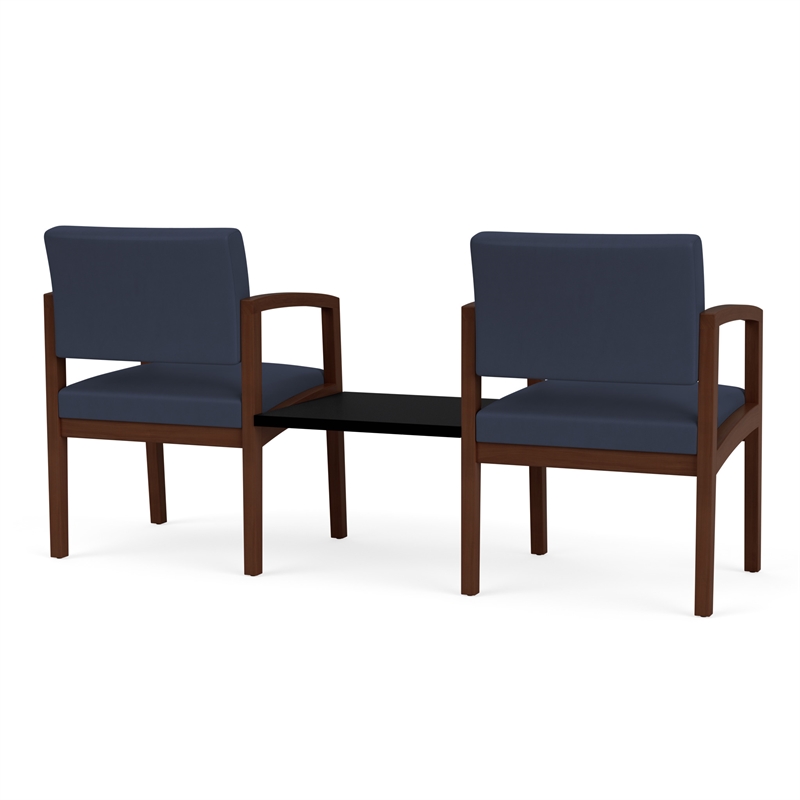 Lenox Wood Reception Waiting Room Healthcare 2-Seat Tandem / Walnut Wood / Blue