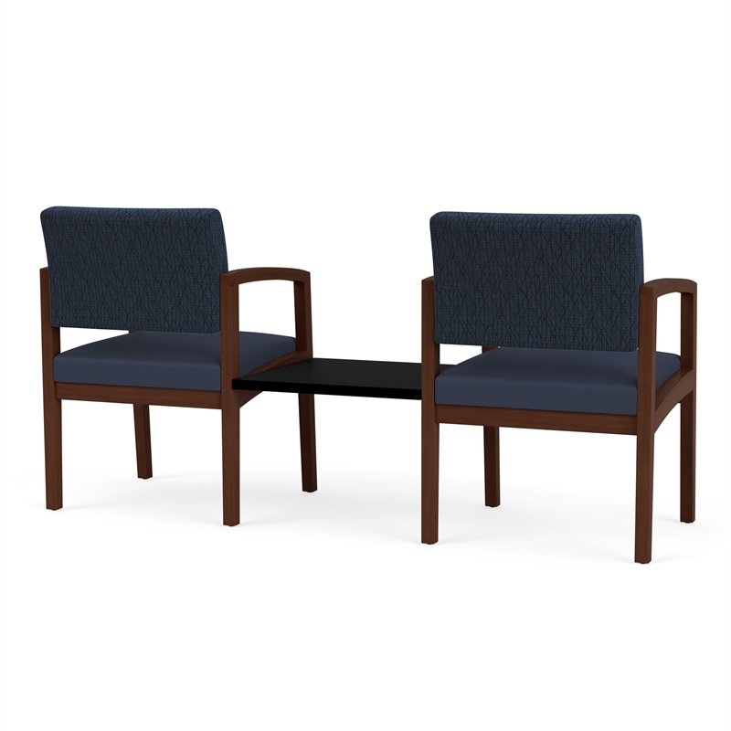 Lenox Wood Reception Waiting Room 2-Seat Tandem / Walnut Wood / Blue / Blue