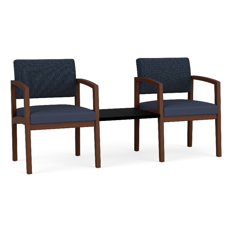 Lenox Wood Reception Waiting Room 2-Seat Tandem / Walnut Wood / Blue / Blue