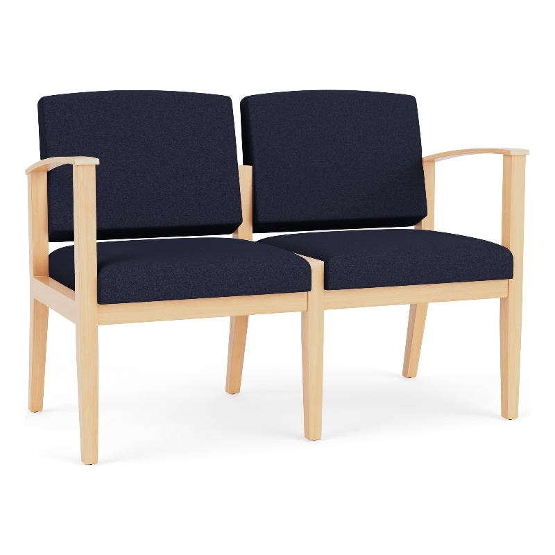 Amherst Wood Reception Waiting 2-Seat Chair / Natural Wood / Navy Blue