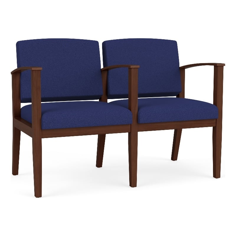 Amherst Wood Reception Waiting 2 Seat Tandem Seating / Walnut Wood / Blue
