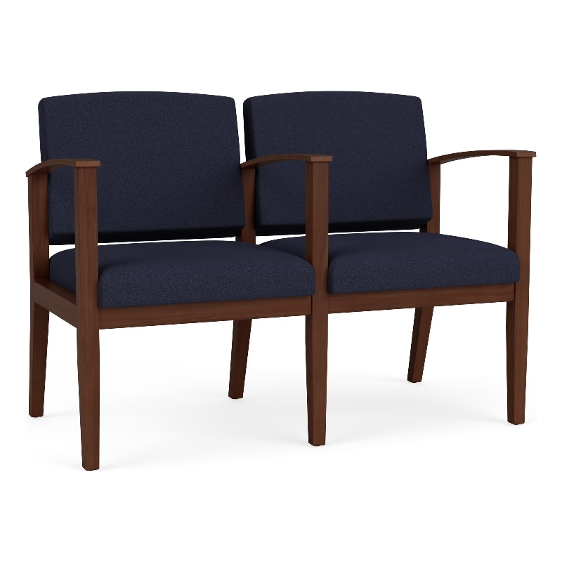 Amherst Wood Reception Waiting 2 Seat Tandem Seating / Walnut Wood / Navy Blue
