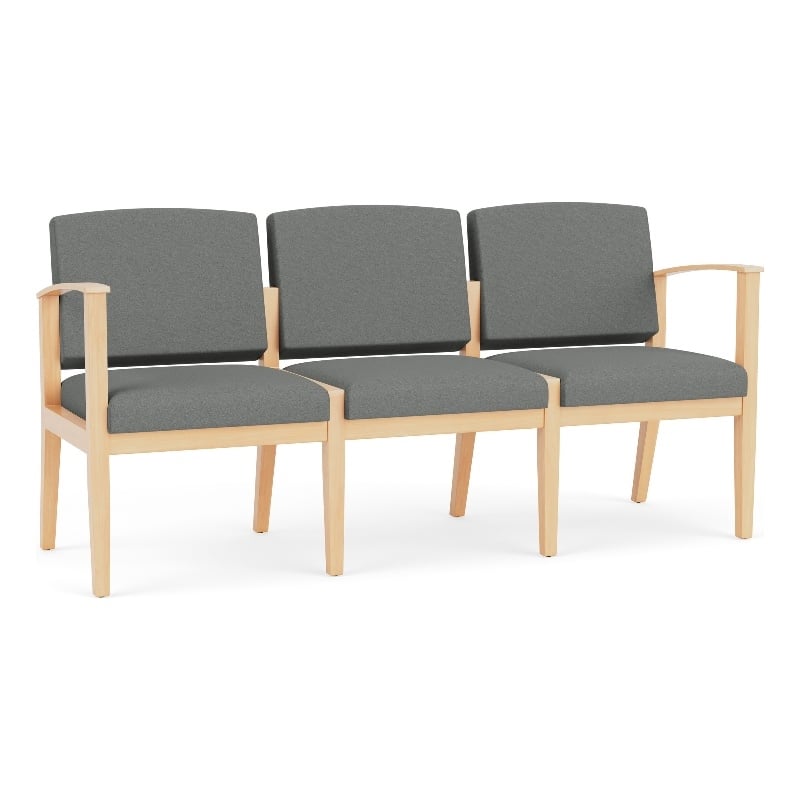 Amherst Wood Reception Waiting 3-Seat Chair / Natural Wood / Light Gray