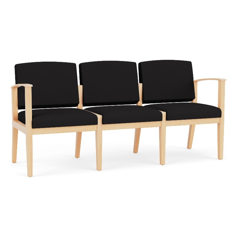 Amherst Wood Reception Waiting Room 3-Seat Chair / Natural Wood / Black