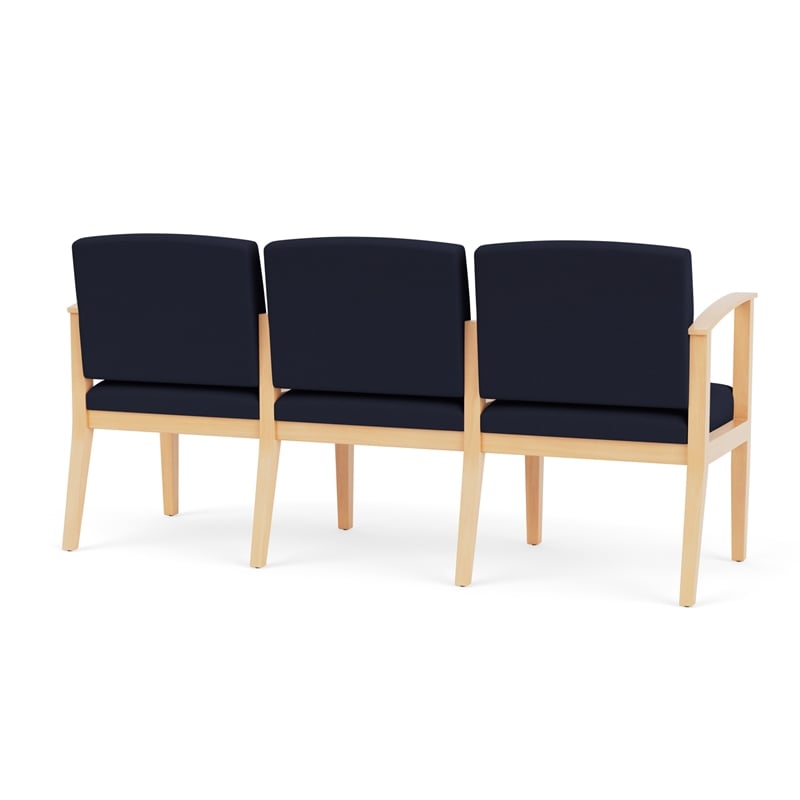 Amherst Wood Reception Waiting 3-Seat Chair / Natural Wood / Navy Blue