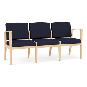 Amherst Wood Reception Waiting 3-Seat Chair / Natural Wood / Navy Blue