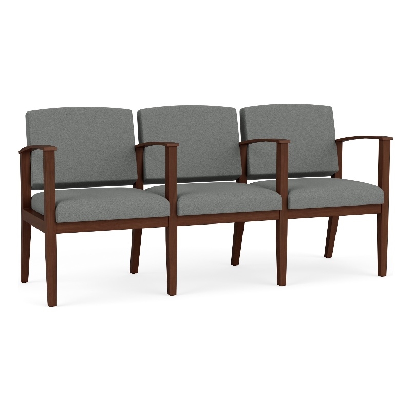Amherst Wood Reception Waiting 3 Seat Tandem Seating / Walnut Wood / Light Gray
