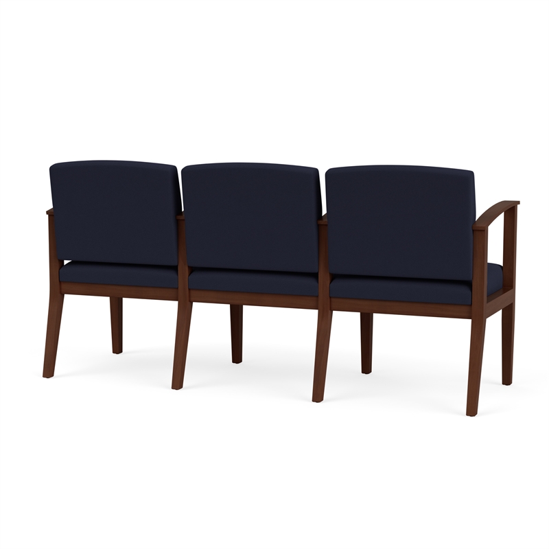 Amherst Wood Reception Waiting 3 Seat Tandem Seating / Walnut Wood / Navy Blue