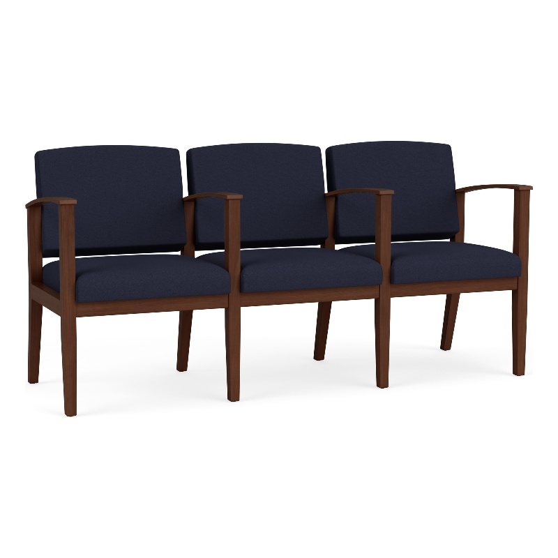 Amherst Wood Reception Waiting 3 Seat Tandem Seating / Walnut Wood / Navy Blue