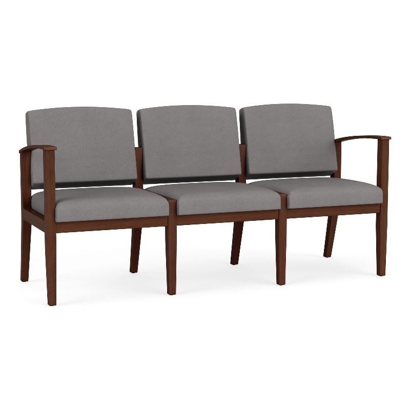 Amherst Wood Reception Waiting 3-Seat Chair / Walnut Wood / Light Gray