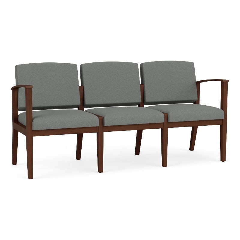 Amherst Wood Reception Waiting 3-Seat Chair / Walnut Wood / Light Gray