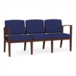 Amherst Wood Reception Waiting Room Healthcare 3-Seat Chair / Walnut Wood / Blue