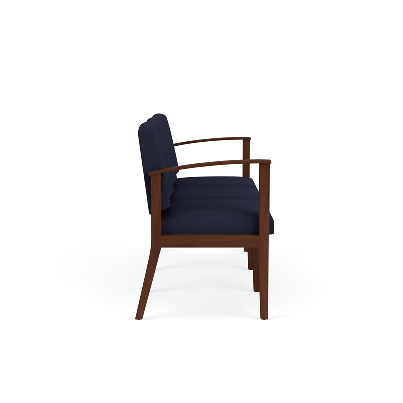 Amherst Wood Reception Waiting Room 3-Seat Chair / Walnut Wood / Navy Blue