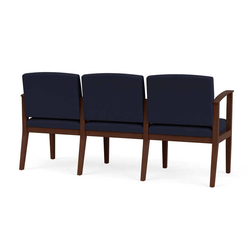 Amherst Wood Reception Waiting Room 3-Seat Chair / Walnut Wood / Navy Blue