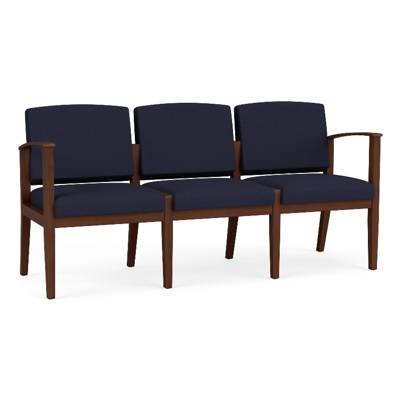 Amherst Wood Reception Waiting Room 3-Seat Chair / Walnut Wood / Navy Blue