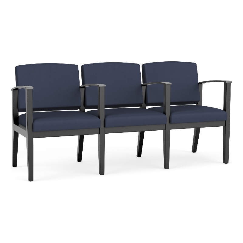 Amherst Wood Reception Waiting 3 Seat Tandem Seating / Black Wood / Blue