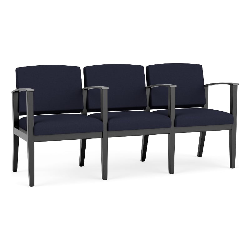 Amherst Wood Reception Waiting 3 Seat Tandem Seating / Black Wood / Navy Blue