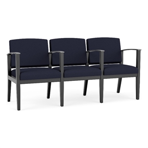Amherst Wood Reception Waiting 3 Seat Tandem Seating / Black Wood / Navy Blue
