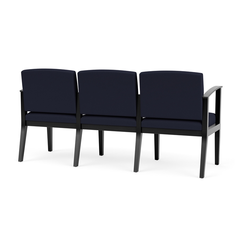 Amherst Wood Reception Waiting Room 3-Seat Chair / Black Wood / Navy Blue