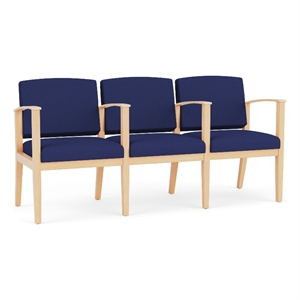 Amherst Wood Reception Waiting 3 Seat Tandem Seating / Natural Wood / Blue
