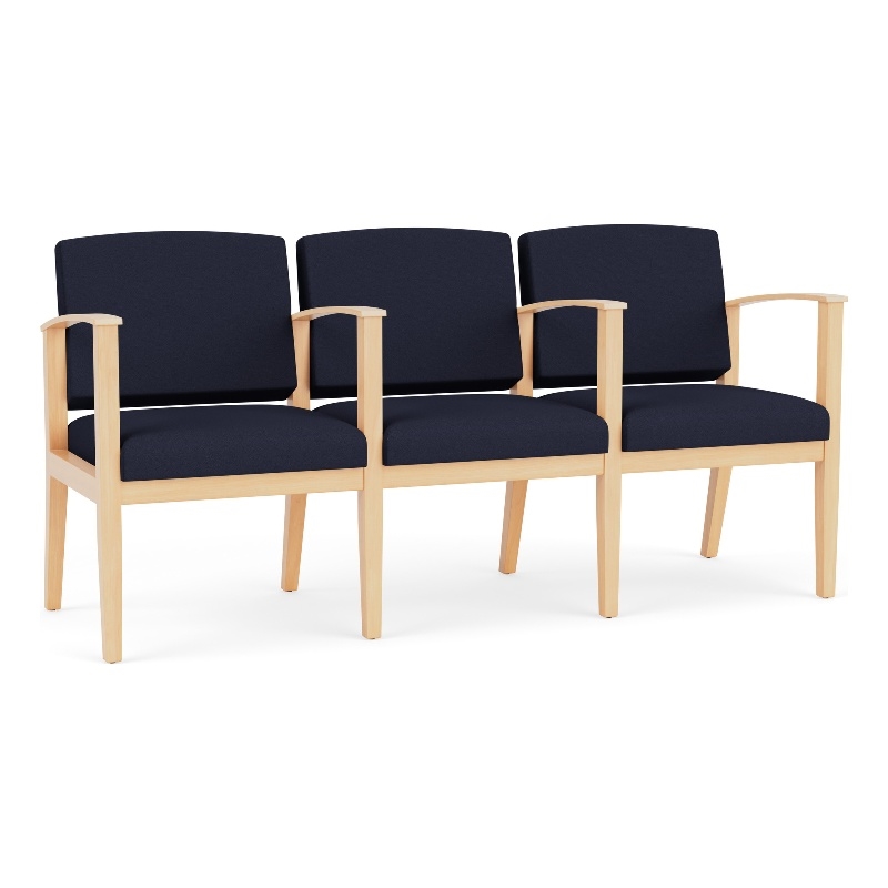 Amherst Wood Reception Waiting 3 Seat Tandem Seating / Natural Wood / Navy Blue
